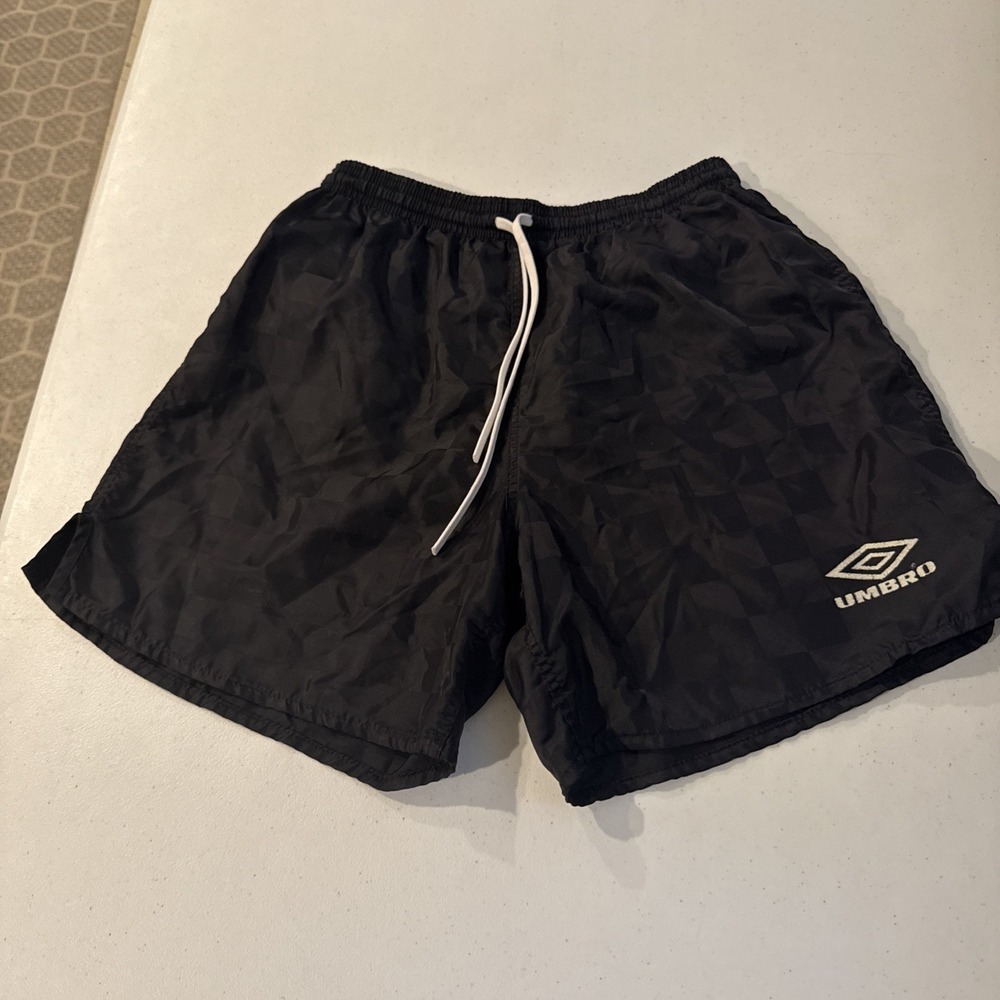 Vintage 90s Umbro Nylon Checkered Soccer Shorts Size Small Black